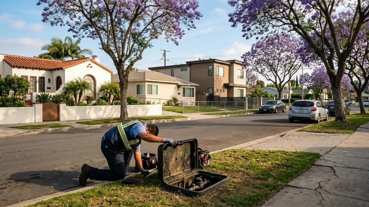 A Fullerton street with a 1920s Spanish revival, a 1950s ranch and a recent two-storey infill side by side under jacarandas - Pool Leak Detection in Fullerton