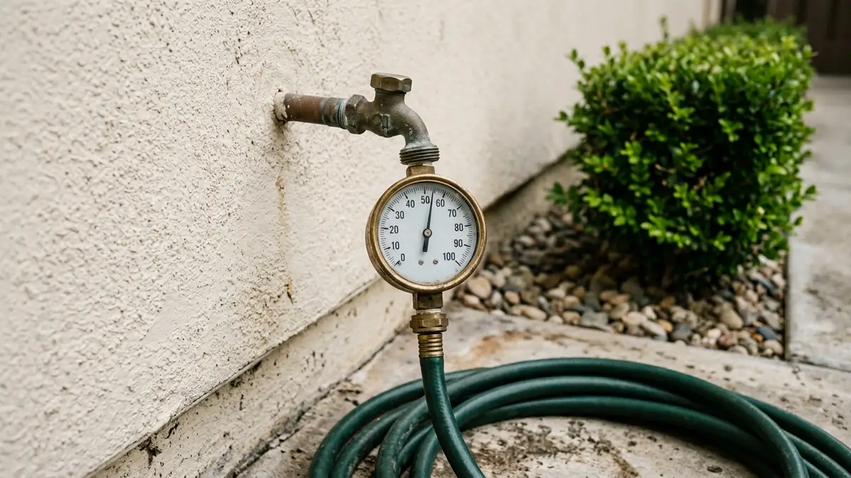 A pressure test gauge screwed onto an outdoor hose bib on a stucco wall, needle mid-dial - Leak Detection in Whittier
