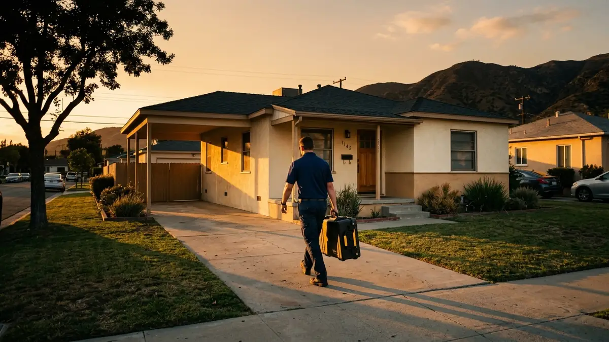 Technician carrying an equipment case up the driveway of a La Habra stucco home at golden hour - Leak Detection in La Habra