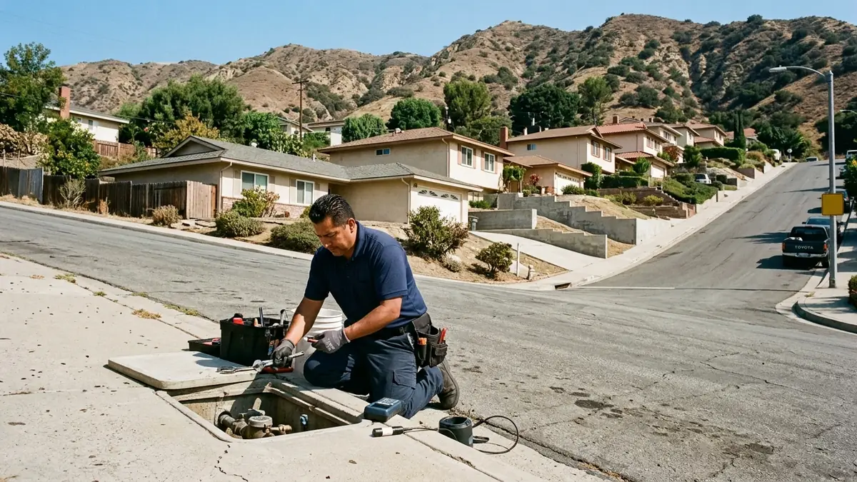 Technician at a meter box on a sloping Hacienda Heights street, houses on terraced pads and the Puente Hills behind