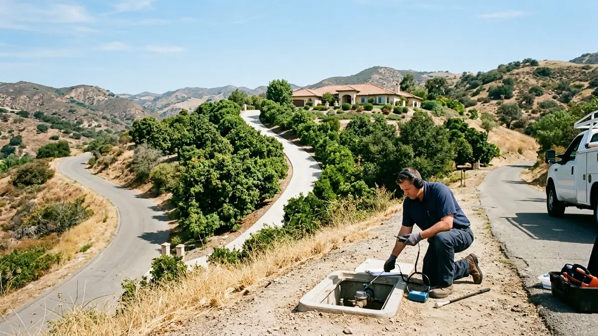 Technician at a meter box on a kerbless winding road in La Habra Heights, a long private drive climbing through an avocado grove to a ranch house on an acre lot - Pool Leak Detection in Whittier