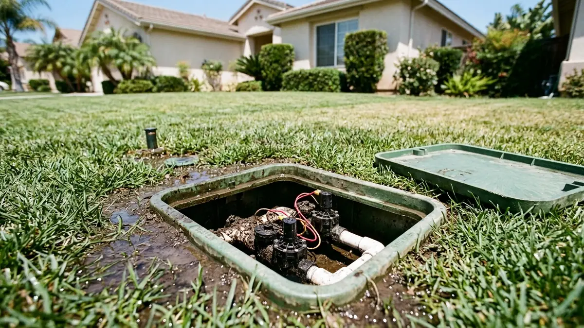 An open irrigation valve box in a front lawn with a saturated patch of waterlogged grass spreading round it - Pool Leak Detection in Whittier