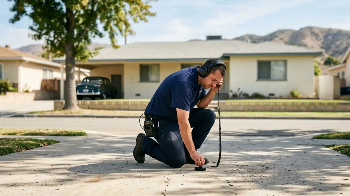 Technician in headphones pressing a ground microphone to the concrete driveway of a post-war La Habra tract house - Leak Detection in La Habra