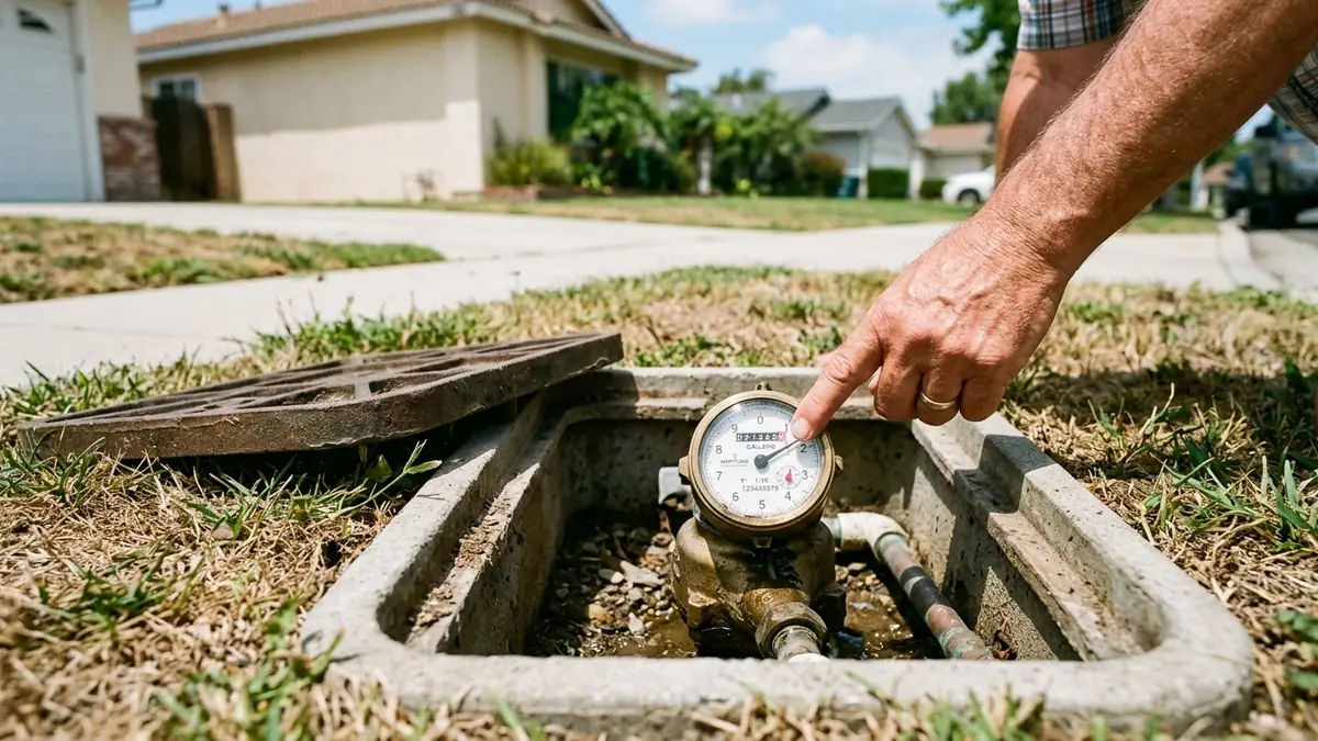 A hand pointing at the low-flow indicator on a water meter dial in the parkway strip - Leak Detection in La Mirada
