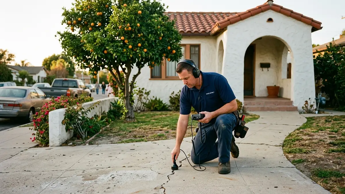 Technician listening for a leak on the path of a 1920s Spanish bungalow near the old centre of La Habra - Water Leak Detection in Fullerton