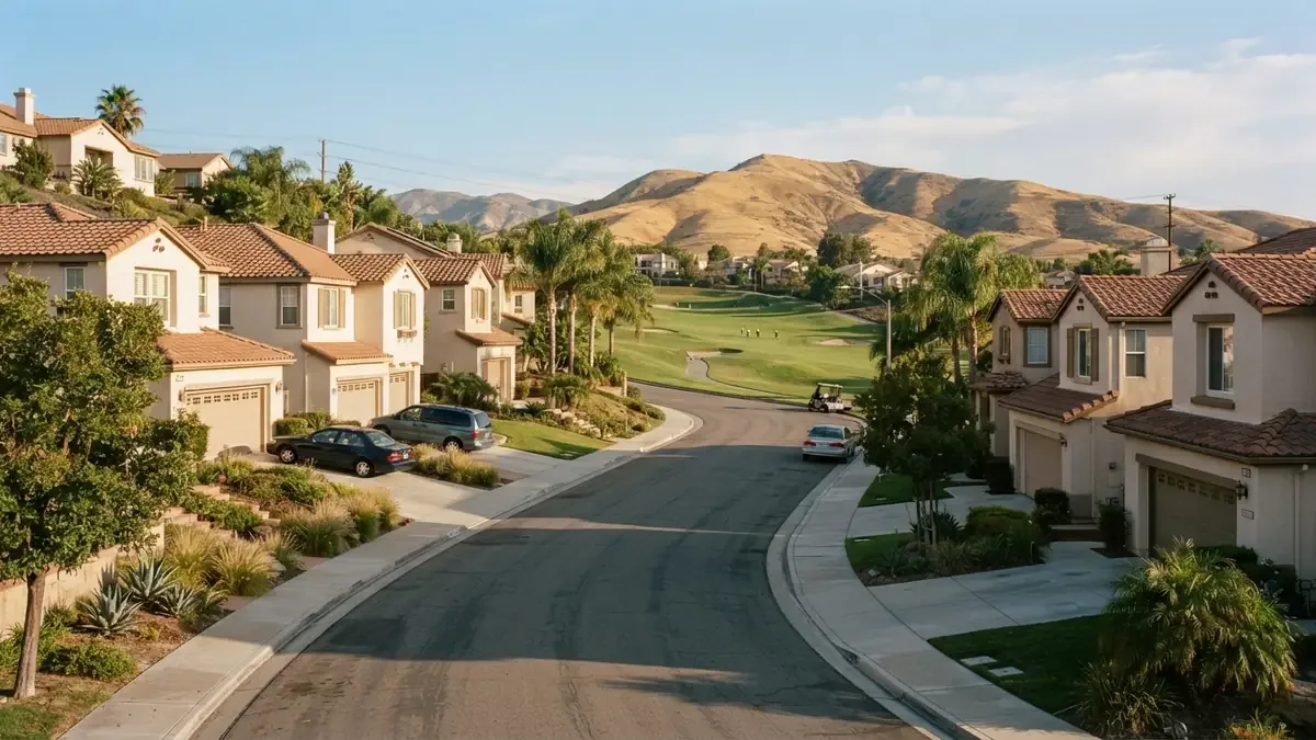 A curving hillside street of late-1990s tile-roof stucco homes with a golf fairway between the houses in Westridge - Leak Detection in Westridge
