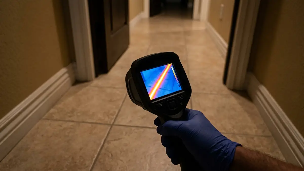 Thermal imaging camera showing the warm line of a leaking hot pipe under a tiled hallway floor - Leak Detection in La Habra