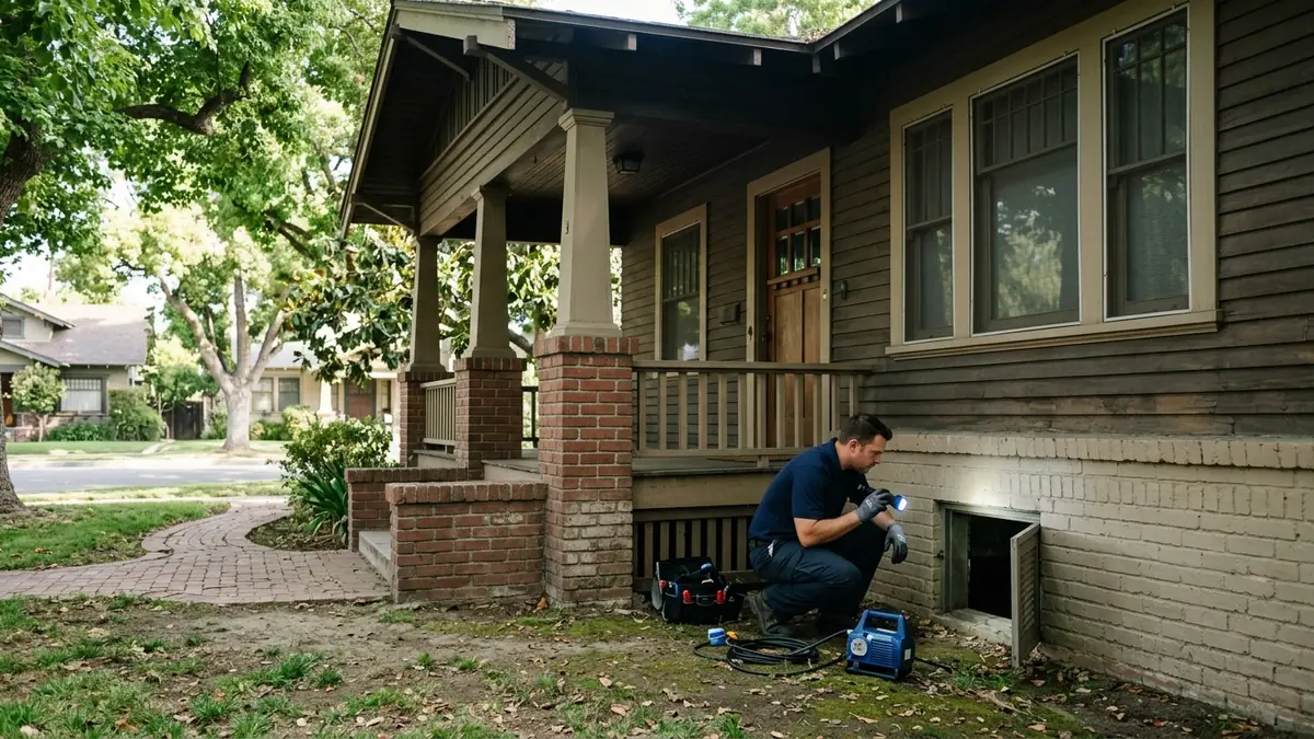 Technician at the open crawl-space vent of a 1920s Craftsman bungalow in Whittier, raised floor above grade - Water Leak Detection in Fullerton